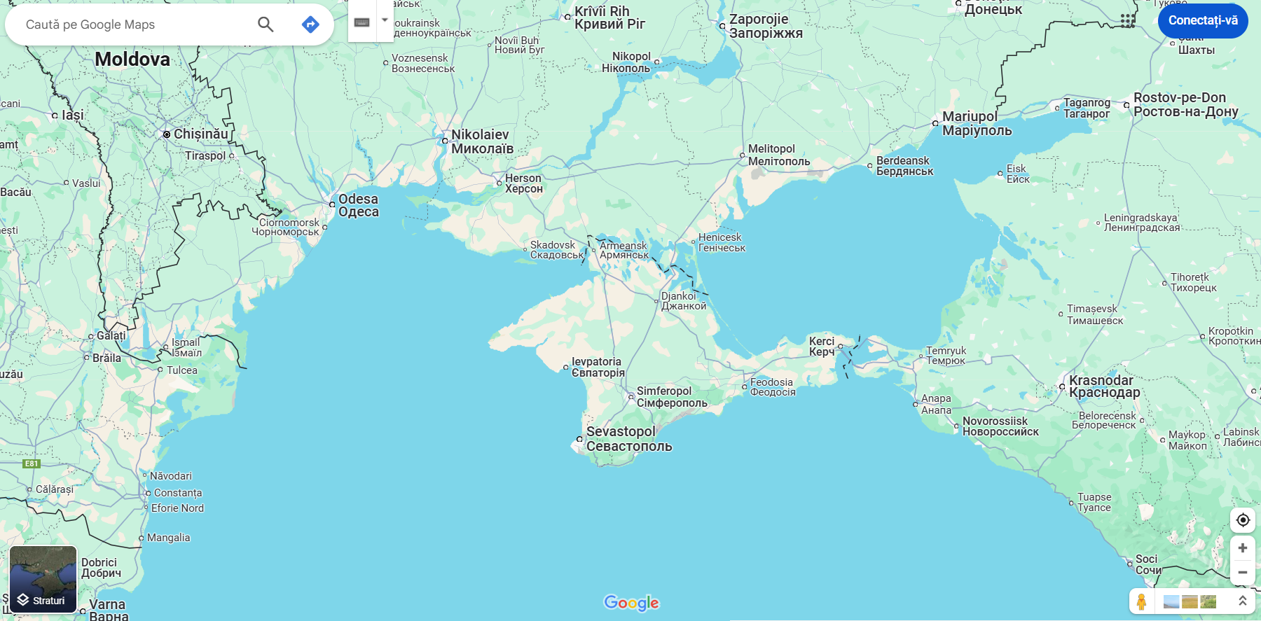 Harta zonei de nord a Mării Negre. Sursă: https://www.google.com/maps/@45.6236764,33.7595939,7.15z?entry=ttu&g_ep=EgoyMDI1MDMxOS4yIKXMDSoJLDEwMjExNDUzSAFQAw%3D%3D